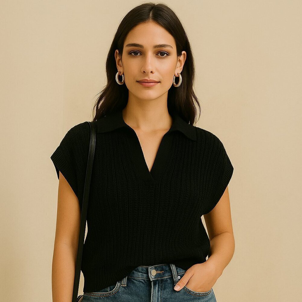 Banana Republic Black Knit Polo Cap-Sleeve Top